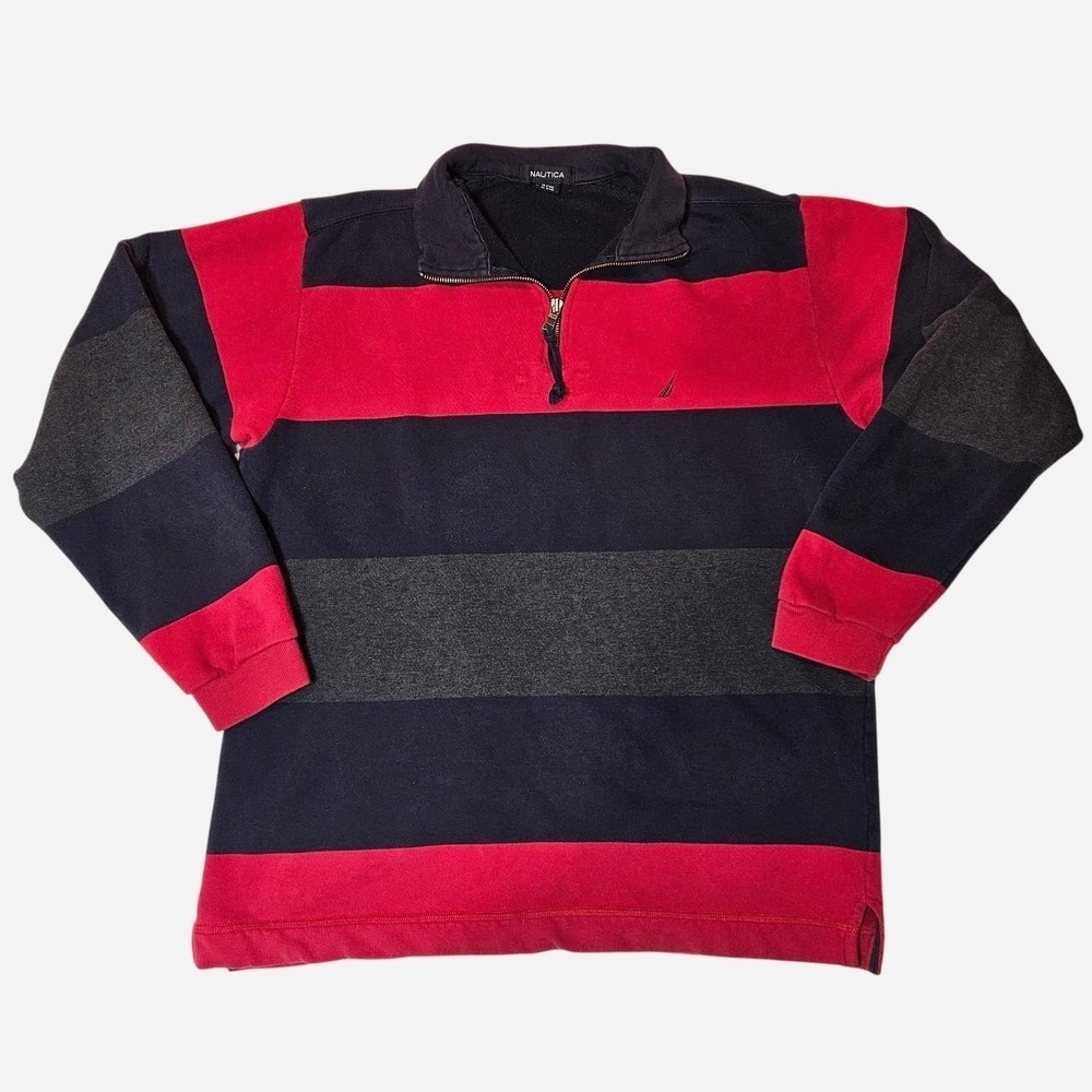Vintage Nautica Men's Red and Black Striped Sweater 100% Cotton